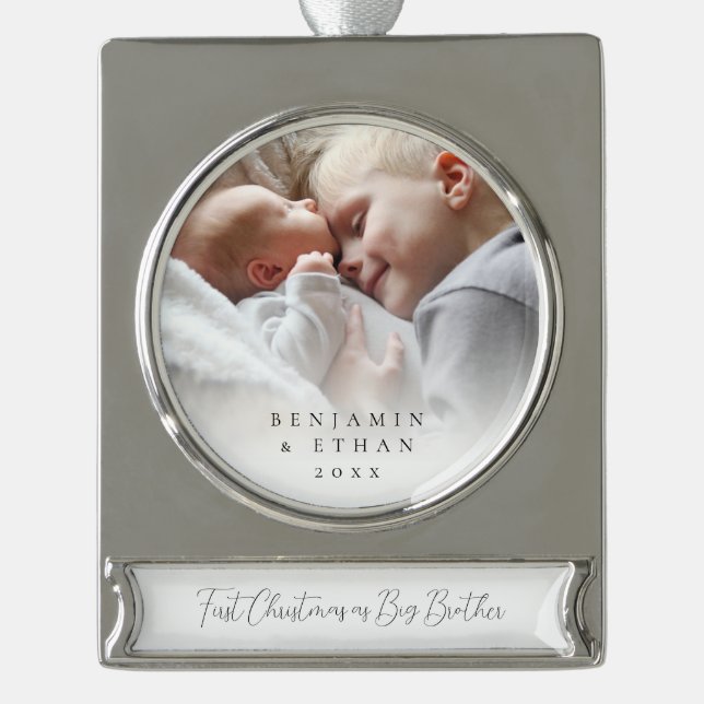 Custom Foto Overlay 1. Weihnachtsbräther Banner-Ornament Silber (Vorderseite)