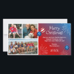 Custom Foto Patriotic Christmas Cards Feiertagskarte<br><div class="desc">Einzigartige Weihnachtskarten für das Foto, die Sie einfach personalisieren können! Die Weihnachtskarten zum Thema Strand sind für den 4. Juli konzipiert, mit funkelnd US Flagge und explodierenden Feuerwerken. Es gibt 3 individuelle Bereiche für Fotos, die durch eine trendige, weiße Grundierung gerahmt sind, in die Sie Ihre eigenen Fotos einfügen können....</div>
