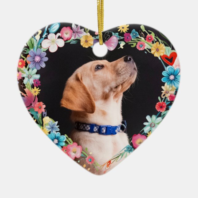 Custom Foto Pet Memorial Floral Blue Heft Form Keramik Ornament (Vorne)