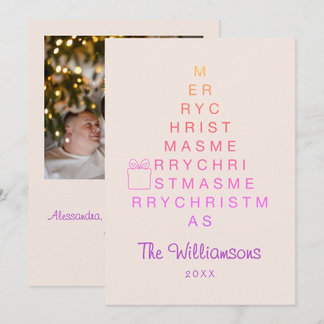 Custom Foto Pink Merry Weihnachtsbaum Feiertagskarte (Vorne/Hinten)