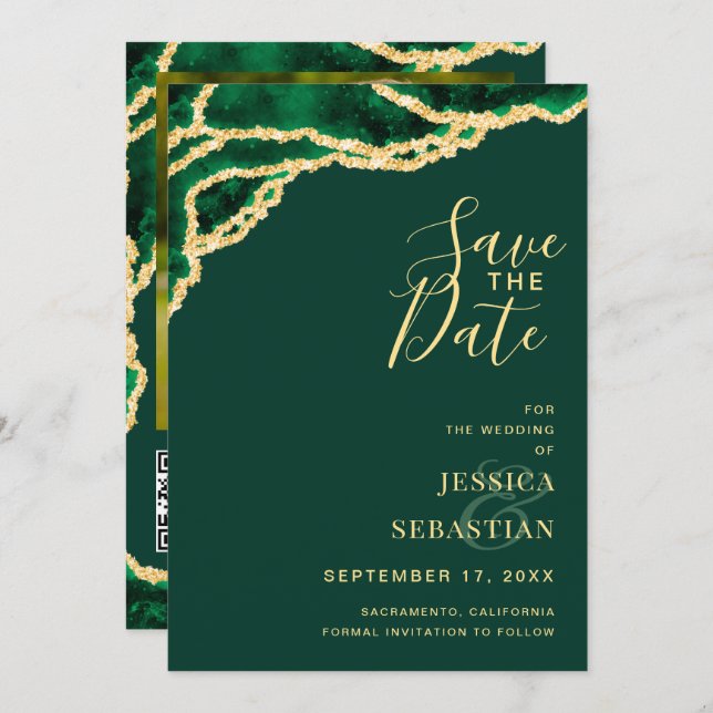 Custom Foto QR Code Emerald Green Agate Modern Save The Date (Vorne/Hinten)