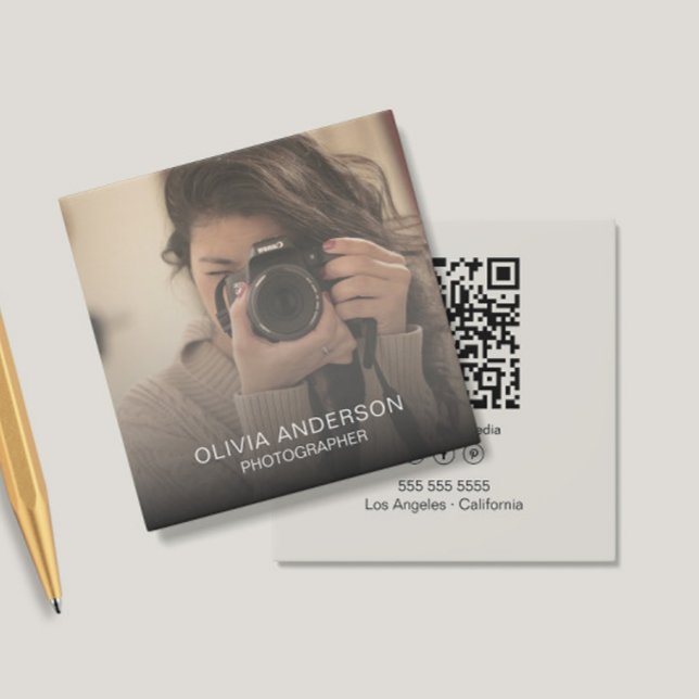 Custom Foto QR Code Social Media Fotograf Quadratische Visitenkarte (Custom Photo QR Code Social Media Photographer Square Business Card )