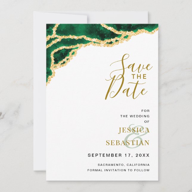 Custom Foto QR Code White Emerald Gold Modern Save The Date (Vorderseite)