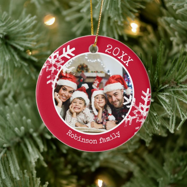 Custom Foto Red Snowflake Circle Ornament (Baum)