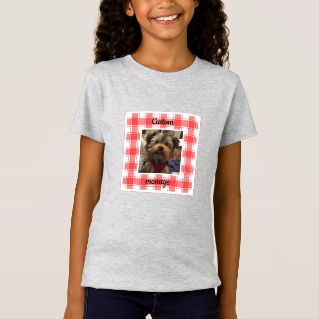 Custom Foto Red & White Country Bauernhof Kariert T-Shirt (Vorderseite)