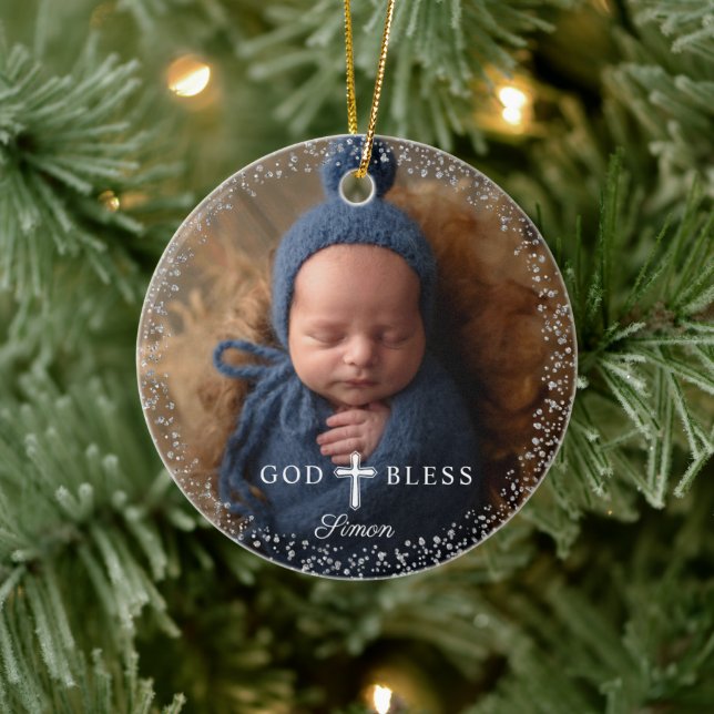 Custom Foto Religiöse Taufe Navy Blue Silver Keramik Ornament (Baum)