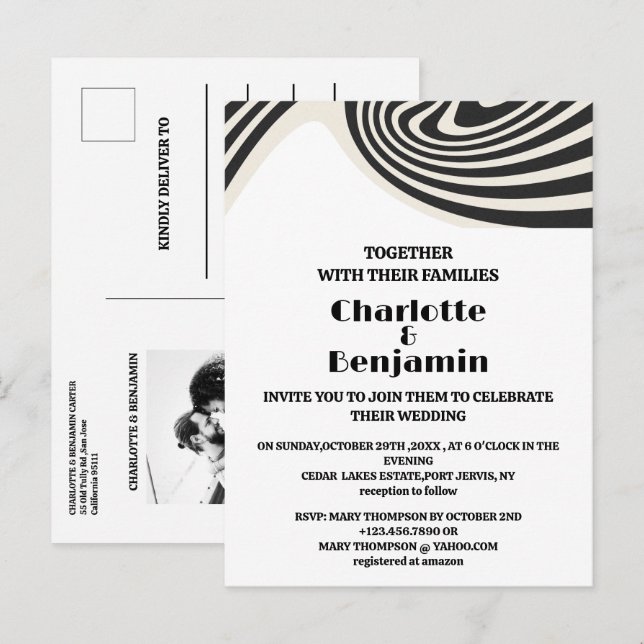 Custom Foto Retro Black & White 70er Hochzeit Einladungspostkarte (Vorne/Hinten)