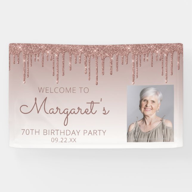 Custom Foto Rose Gold Glitzer Tropfen 70. Geburtst Banner (Horizontal)
