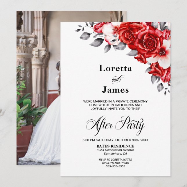Custom Foto Rote Rose Blumenhochzeit Empfang Einladung (Vorne/Hinten)