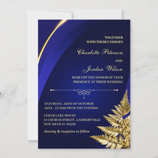 Custom Foto Royal Blue and Gold Wedding Einladung (Vorderseite)