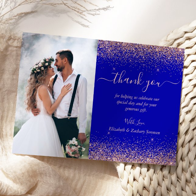 Custom Foto Royal Blue Rose Gold Glitzer Wedding Dankeskarte (Von Creator hochgeladen)