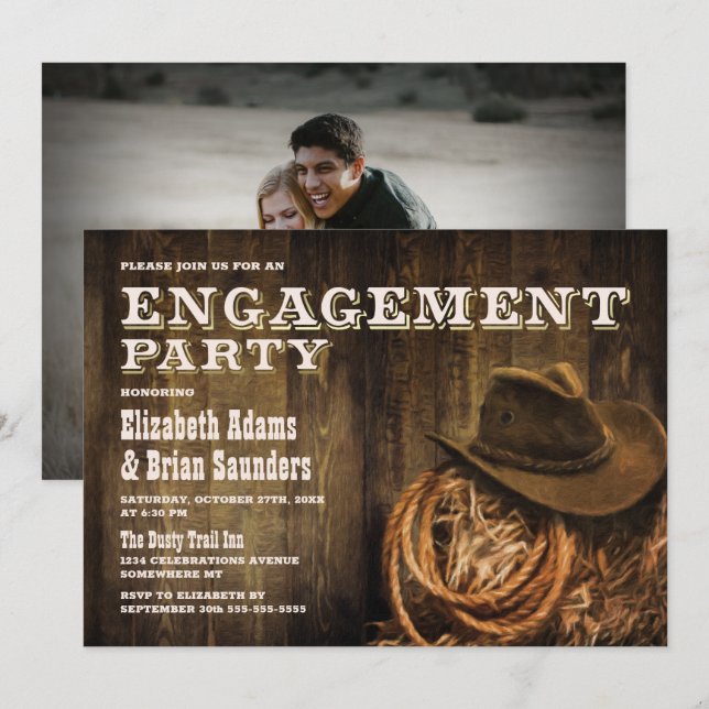 Custom Foto Rustic Wood Western Engagement Party Einladung (Vorne/Hinten)