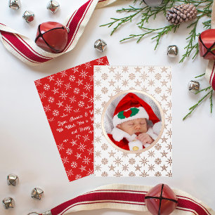 Custom Foto Santa Baby Snowflakes White Red Gold Folien Feiertagskarte