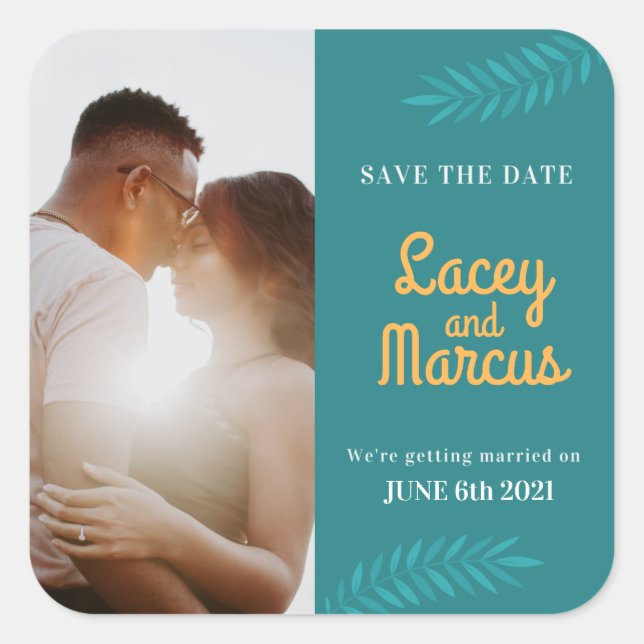 Custom Foto Save the Date Hochzeit Quadratischer Aufkleber (Vorderseite)