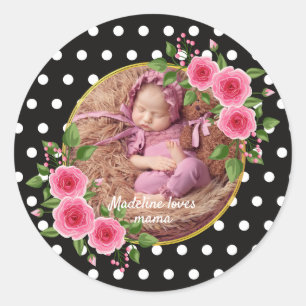 Custom Foto Schwarz-weiß Polka Dot Muttertag Runder Aufkleber