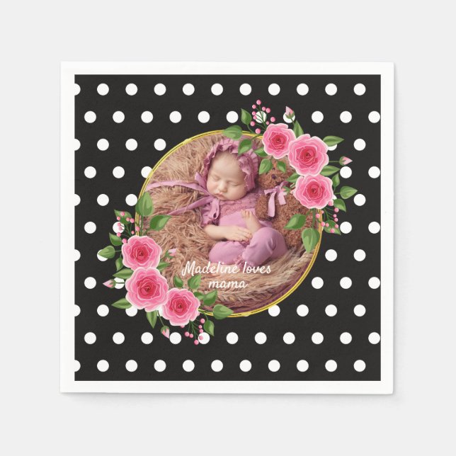 Custom Foto Schwarz-weiß Polka Dot Muttertag Serviette (Vorderseite)