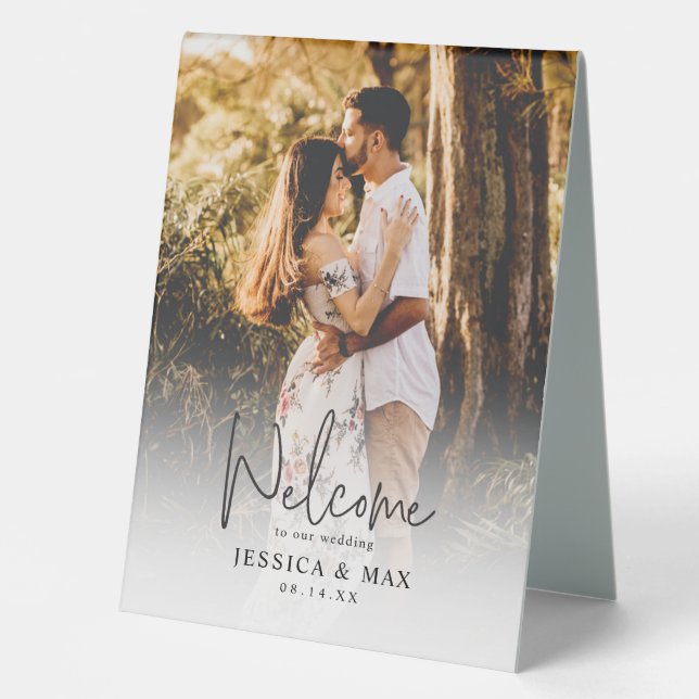 Custom Foto Script Schriftart Hochzeitung Begrüßun Tischaufsteller (Vorderseite)