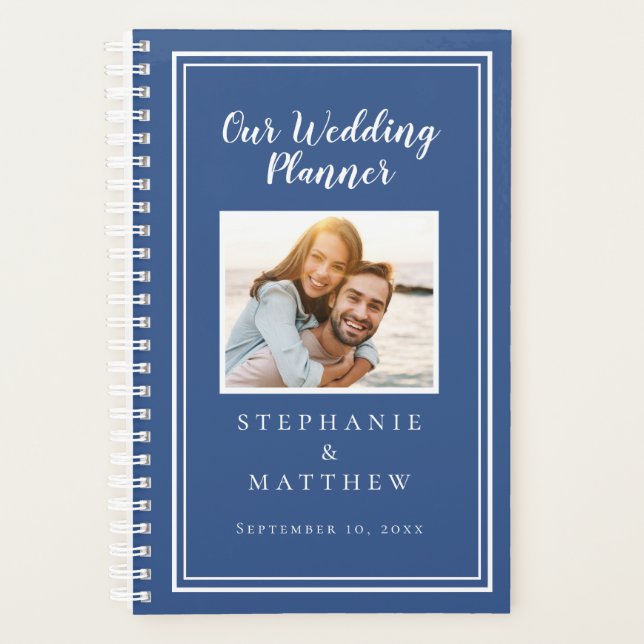 Custom Foto Simple Blue & White Chic Wedding Planer (Vorderseite)