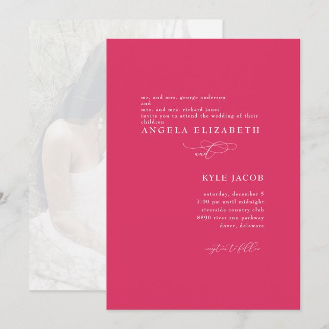 Custom Foto Simple & Elegante Cerise Wedding II Einladung (Vorne/Hinten)