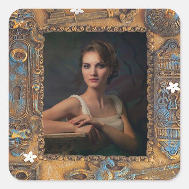 Custom Foto Steampunk Antikes Skelett Schlüsselrah Quadratischer Aufkleber (Vorderseite)