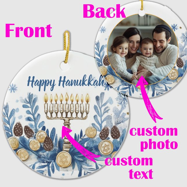 Custom Foto & text Hanukkah Festival of Lights Keramik Ornament (Custom photo & text Hanukkah Festival of Lights Ceramic Ornament)