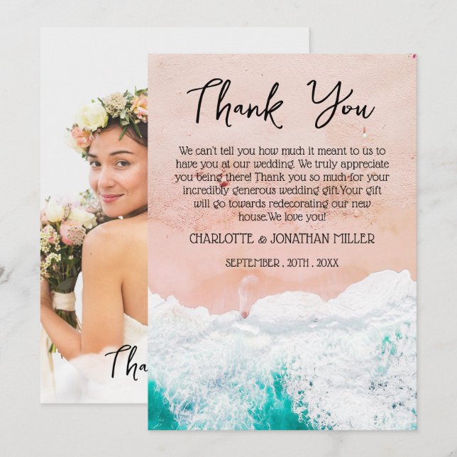 Custom Foto Tropical Coastal Beach Hochzeit Dankeskarte (Vorne/Hinten)
