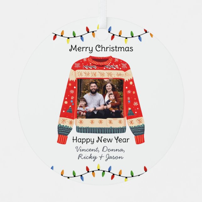 Custom Foto Ugly Christmas Sweater Ornament Aus Metall (Vorderseite)
