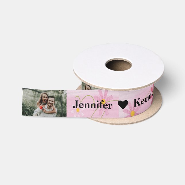 Custom Foto Vielen Dank Couple Name Wedding Floral Satinband (Spule)