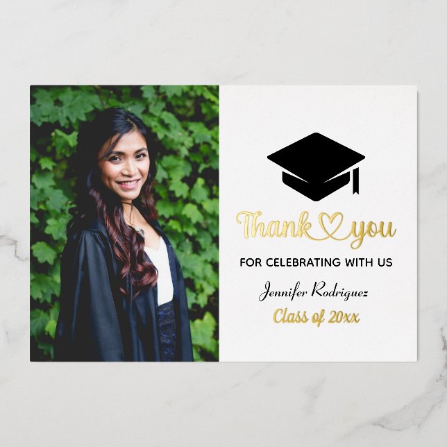 Custom Foto Vielen Dank Graduation Cap Grad Folieneinladung (Vorderseite)