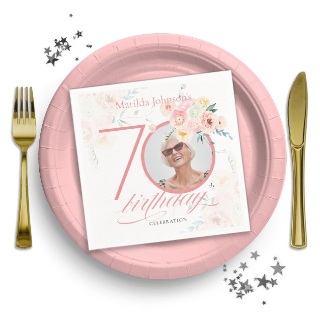 Custom Foto Wasserfarbe Rosa Blütenfarbe 70. Gebur Serviette (70th Birthday Pink Watercolor Flowers Custom Photo Napkins)
