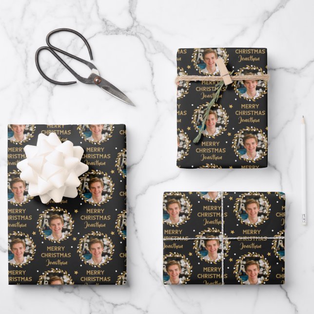 Custom Foto Weihnachtsgeschenk Wrapper Black Gold Geschenkpapier Set (Vorderseite)