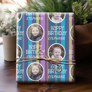 Custom Foto Whimsical & Colorful Birthday Streifen Geschenkpapier