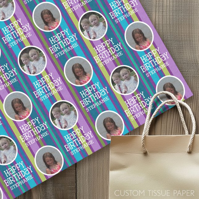 Custom Foto Whimsical & Colorful Birthday Streifen Seidenpapier (Custom Tissue Paper)