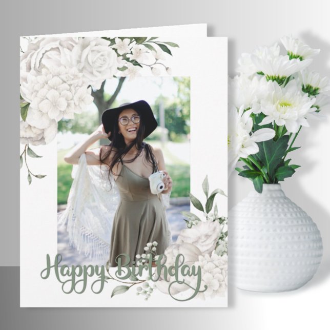 Custom Foto White Floral Geburtstag Gruß Karte (Von Creator hochgeladen)