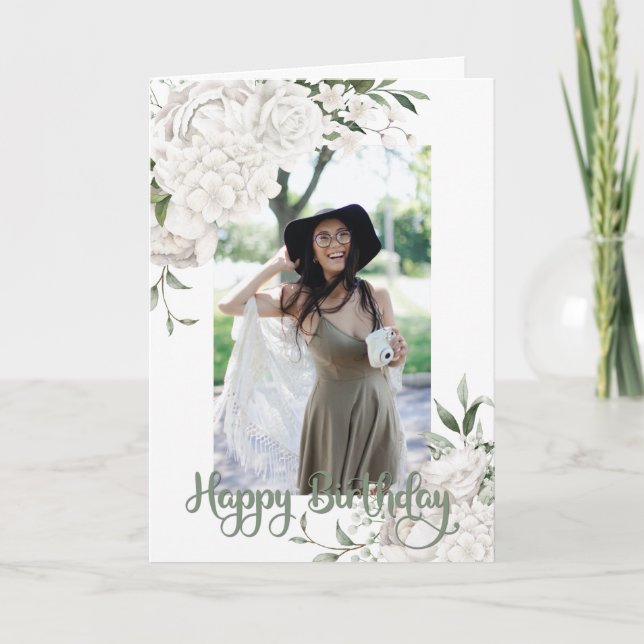 Custom Foto White Floral Geburtstag Gruß Karte (Vorderseite)