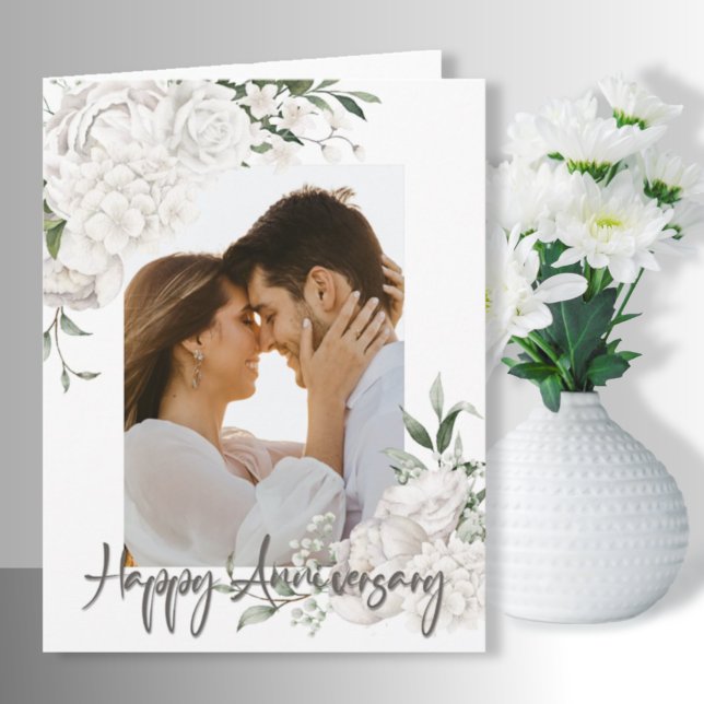 Custom Foto White Floral Jubiläum Gruß Karte (Von Creator hochgeladen)