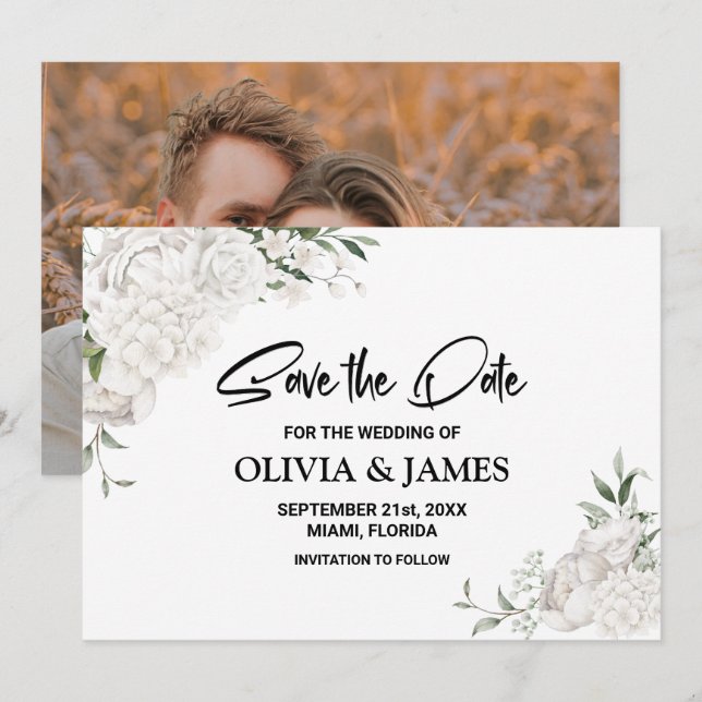 Custom Foto White Floral Wedding Save The Date (Vorne/Hinten)