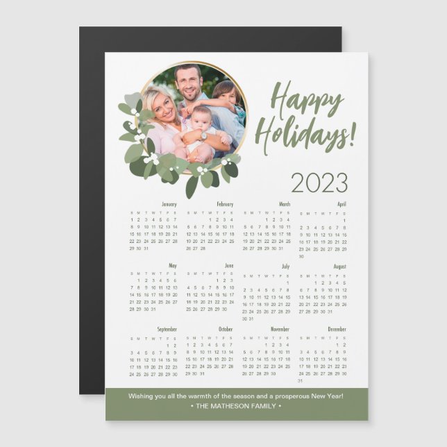 Custom Foto Wreath 2023 Calendar Happy Holidays Magnetkarte (Vorne/Hinten)