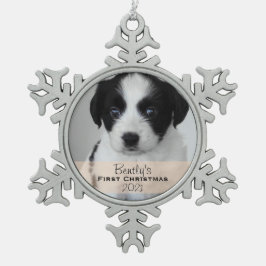 Custom Foto Year Welpe's First Christmas Schneeflocken Zinn-Ornament