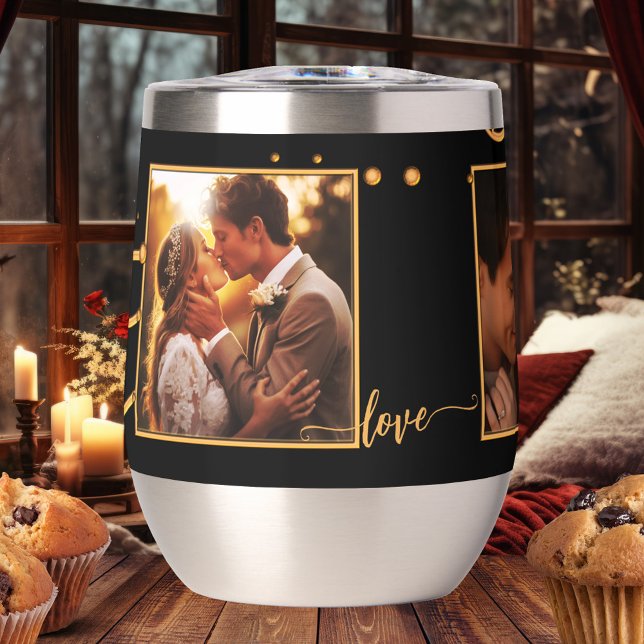 Custom Fotos Black Gold Wedding Insulated Tumbler (Insulated tumbler featuring your wedding photos framed by a festive black and gold design)