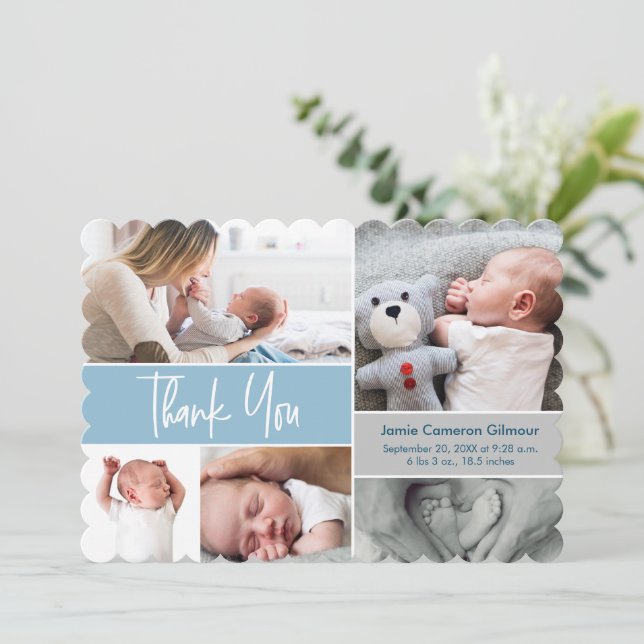 Custom Fotos Blue Handlettering Baby Shooter Dankeskarte (Stehend Vorderseite)