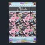 Custom French Pastel Pink Blue Rose Roses Painting Geschirrtuch<br><div class="desc">Shabby Chic Floral Aqua Stripe Christmas Stocking. From my own art design.</div>