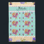Custom French Pastel Purple Aqua Pansy Womans Name Geschirrtuch<br><div class="desc">Shabby Chic Floral Aqua Stripe Christmas Stocking. From my own art design.</div>