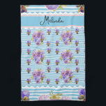 Custom French Pastel Purple Blue Pansy Womans Name Geschirrtuch<br><div class="desc">Shabby Chic Floral Aqua Stripe Christmas Stocking. From my own art design.</div>