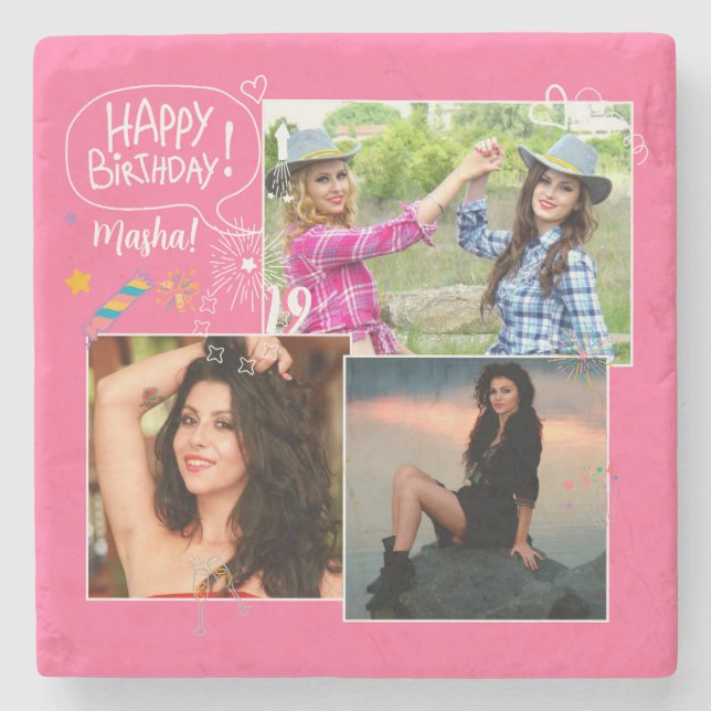Custom Friend Happy Geburtstag Foto Collage Steinuntersetzer (Vorderseite)