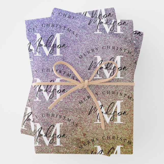 Custom Frohe Weihnachten Lila Glitzer Monogram Geschenkpapier Set (Beispiel)