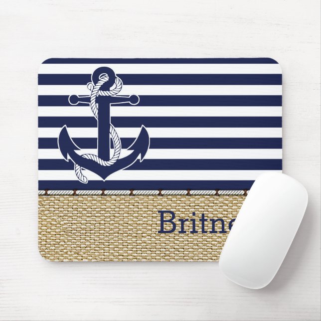 Custom Fun Navy Blue Stripe Imitate Jute Burlap Mousepad (Mit Mouse)