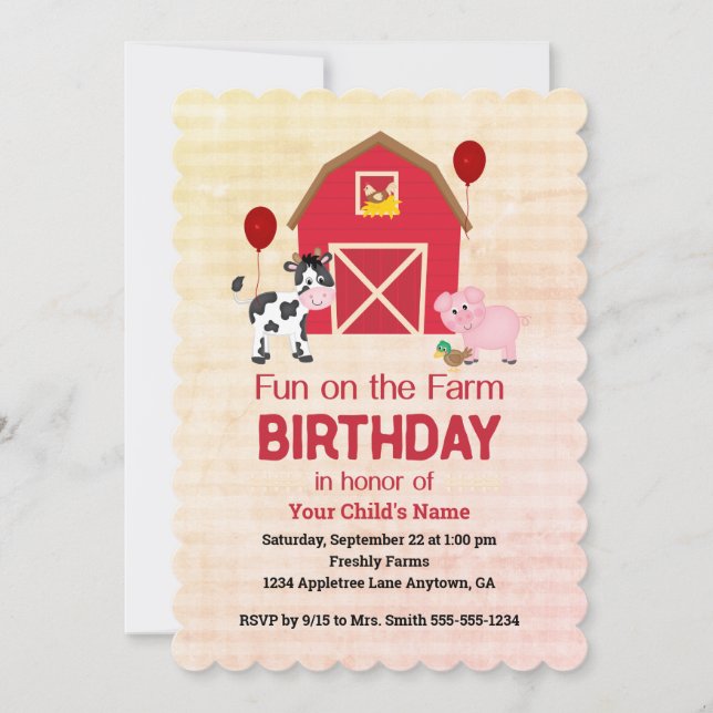 Custom Fun on the Farm Child Birthday Gingham  Einladung (Vorderseite)