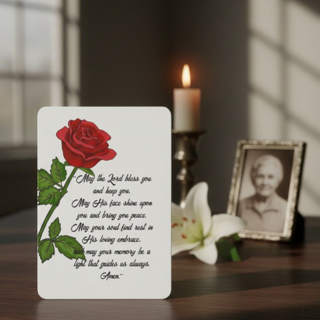Custom Funeral Memorial Card with Prayer and Rose Dankeskarte (Von Creator hochgeladen)