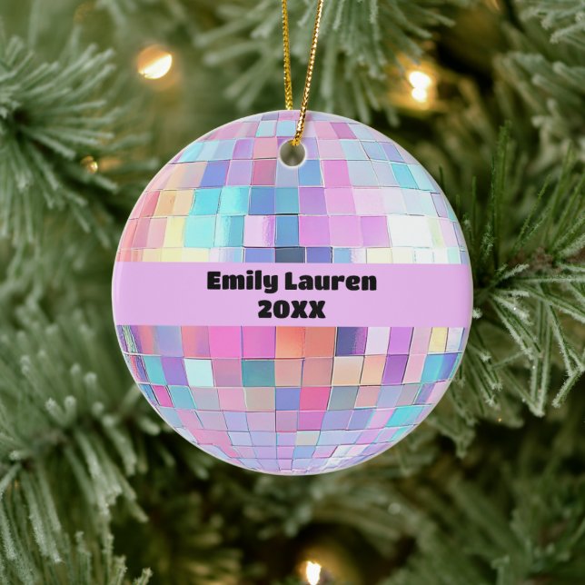 Custom Funkelnd Pink & Rainbow Diskothek Ball Weih Keramik Ornament (Baum)